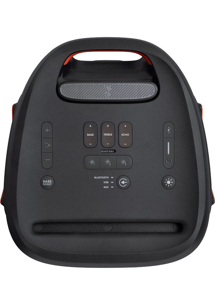 Detailaufnahme des oberen Bedienfelds der JBL PartyBox 310 mit Reglern für Bass, Treble und Echo.