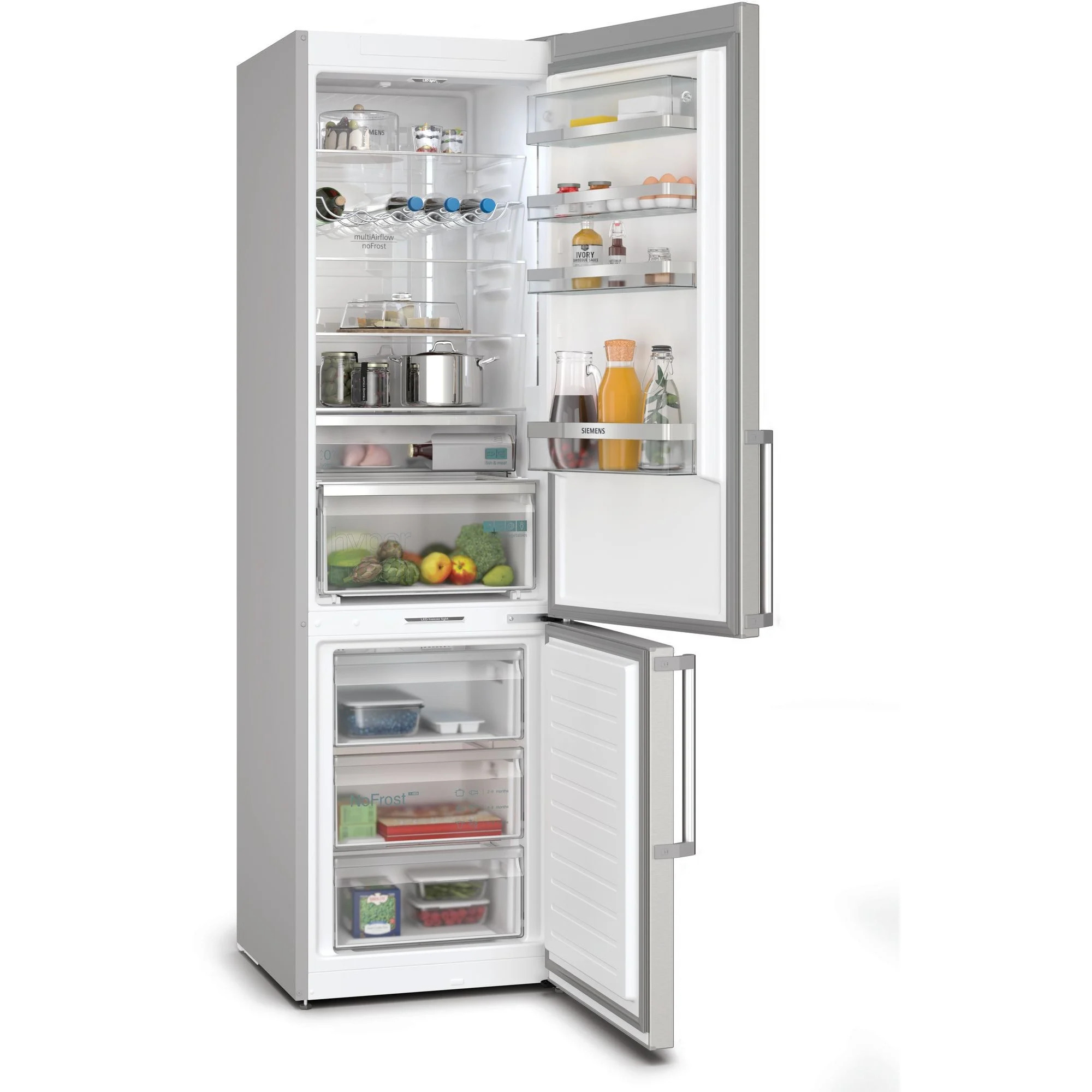 Siemens KG39NAICT iQ500 Kühlschrank, Frontansicht mit geöffnetem Kühl- und Gefrierfach