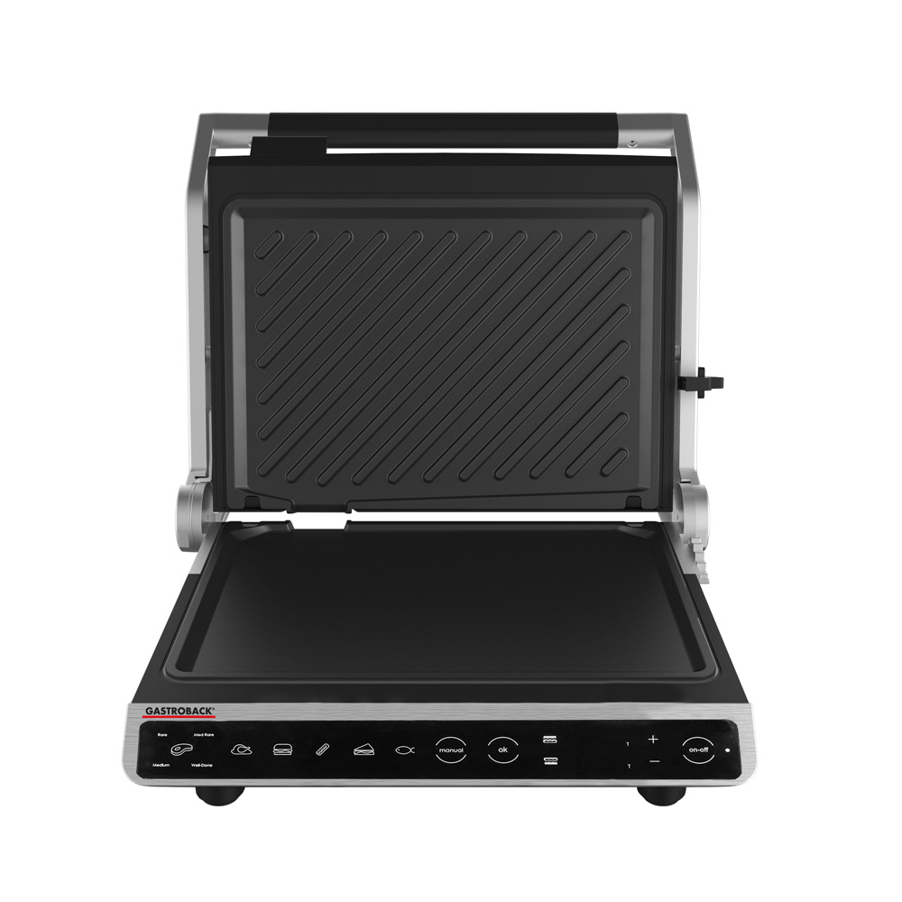 Rippen‑ und glatte Grillplatten am GASTROBACK Kontaktgrill Wechselbare Grillplatten – eine gerippt, eine glatt – Antihaft‑Beschichtung