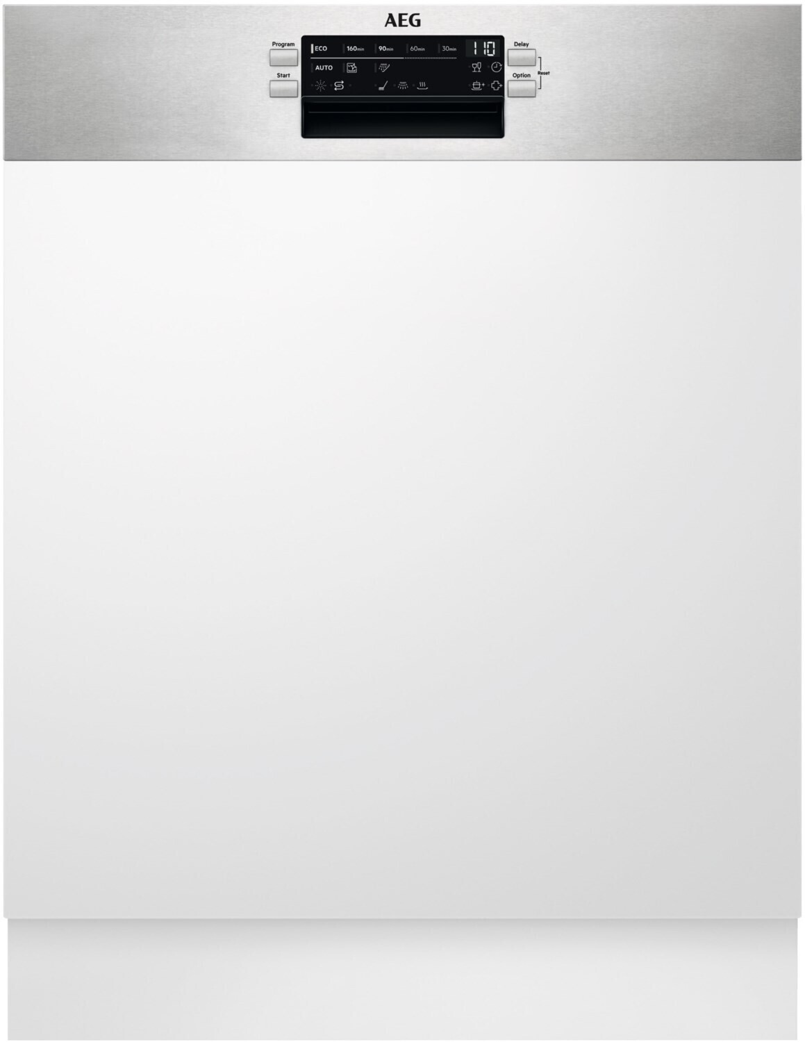 Teilintegrierter AEG FES5368XZM Geschirrspüler mit Edelstahlblende in der Frontansicht.