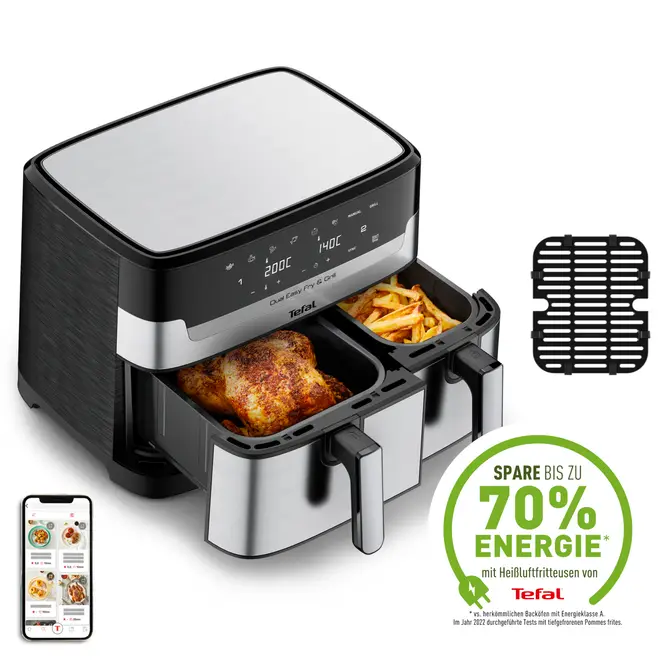 TEFAL EY905D Dual Easy Fry & Grill Heißluftfritteuse, 8.3 L, Edelstahl