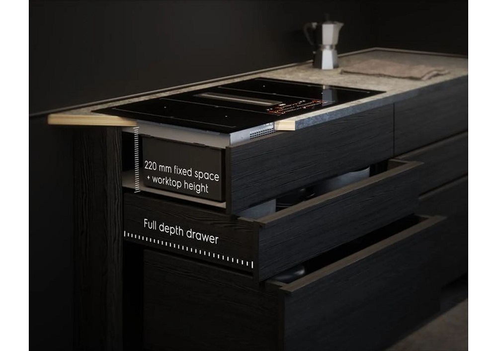 Cross-section of a kitchen cabinet with built-in AEG induction hob showing the minimal space required for full-depth drawers.