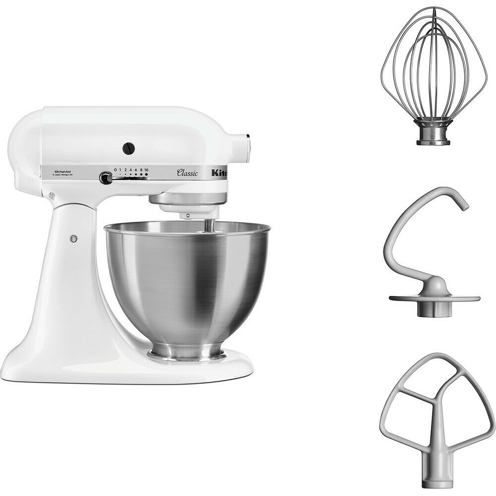 KitchenAid 5K45SSSEWH Küchenmaschine in linker Seitenansicht mit komplettem Lieferumfang.
