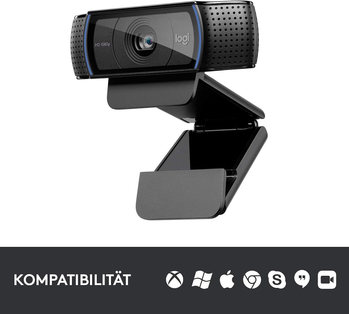 Logitech C920 HD Pro webcam with universal clip mount and tripod thread for laptop and monitor installation