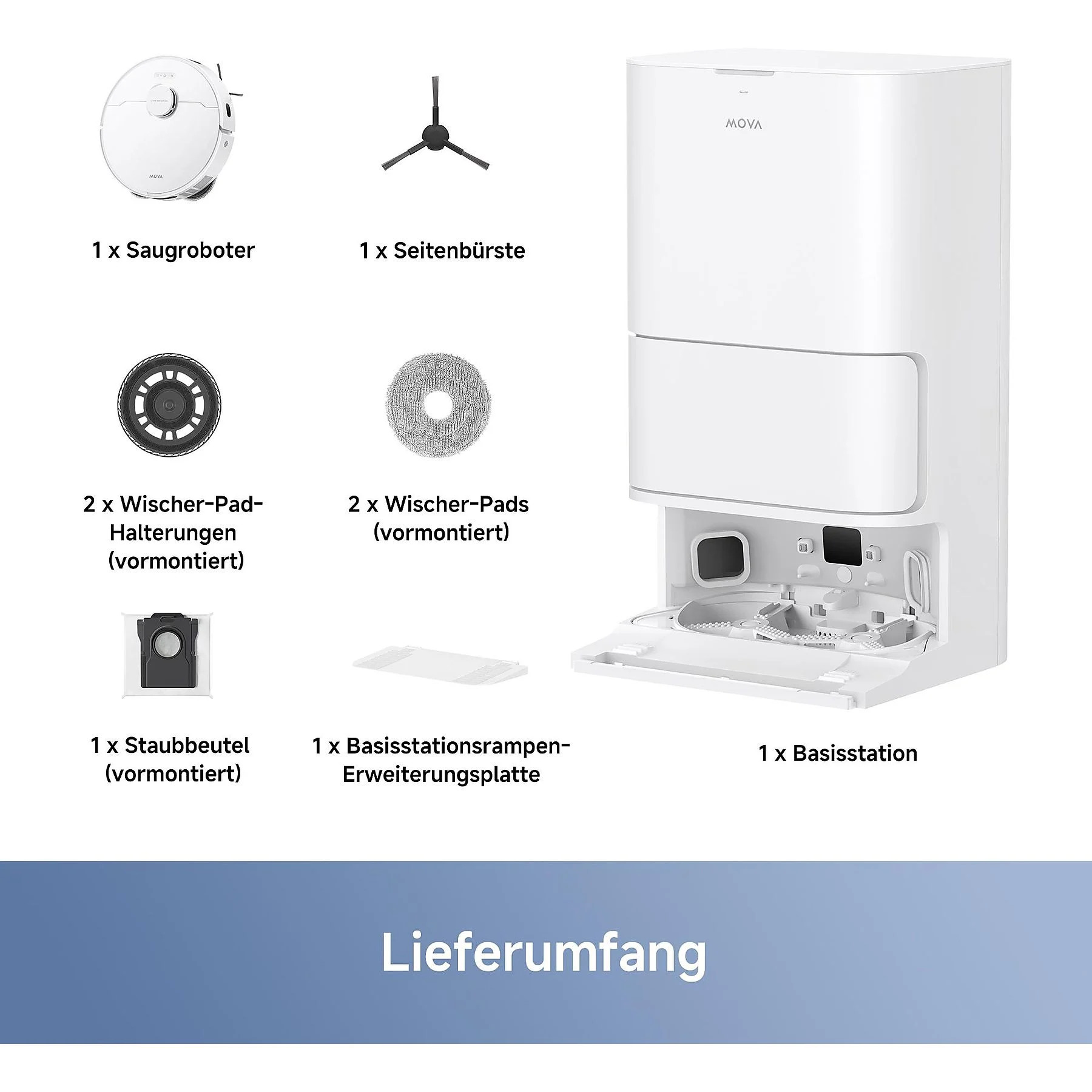Dreame Mova E30 – kompletter Lieferumfang Kompletter Lieferumfang des Dreame Mova E30, bestehend aus Roboter, Basistation, Zubehörteilen und Netzkabel