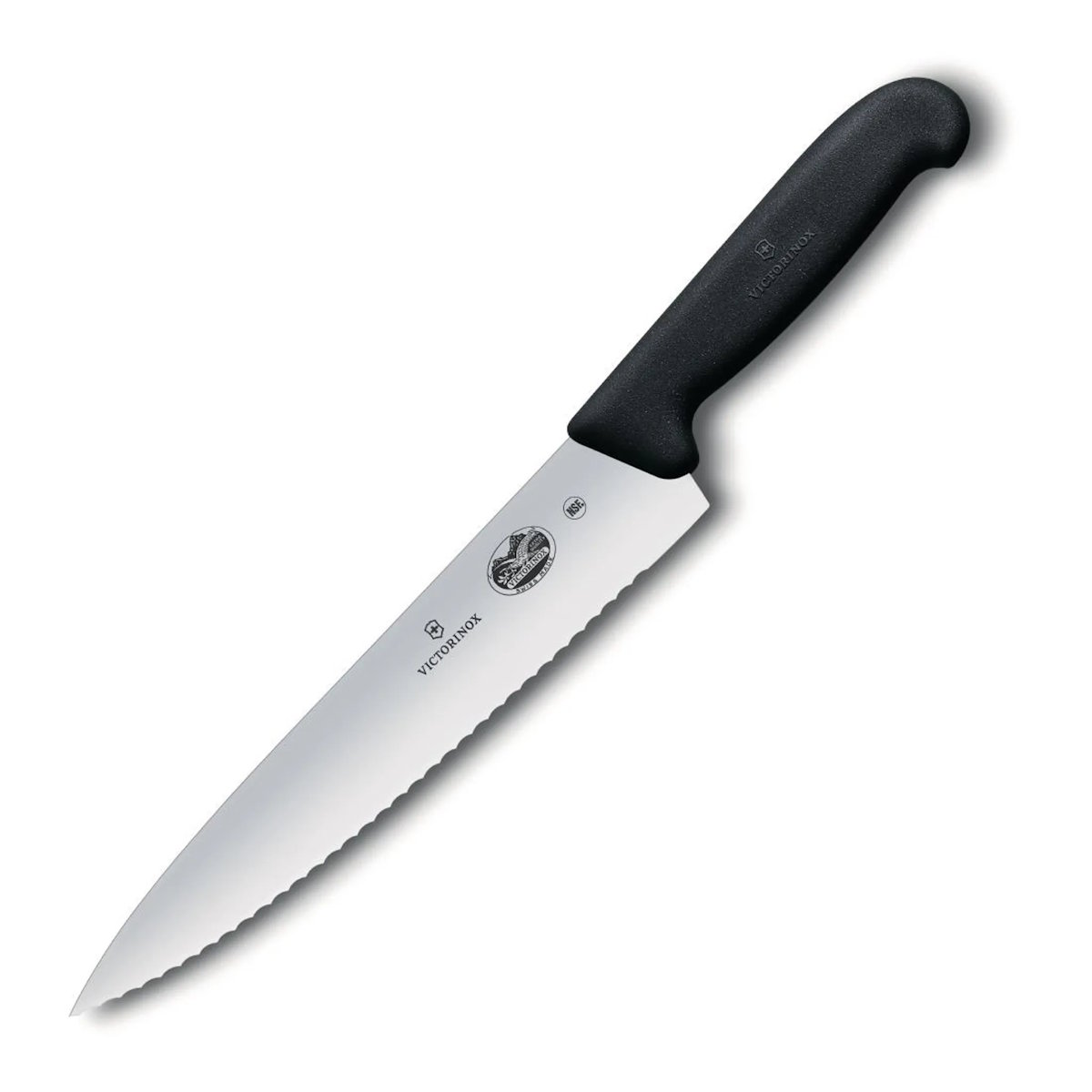 Nahaufnahme der 22 cm langen Wellenschliffklinge des Victorinox Fibrox Tranchiermessers