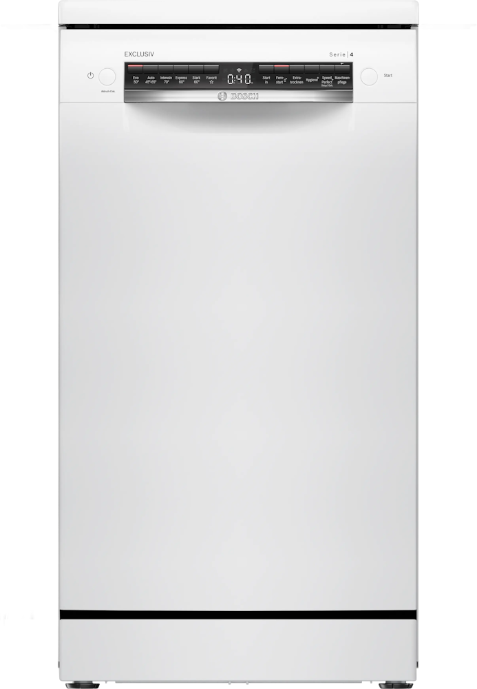Bosch SPS4EMW02D Serie 4 freistehender Geschirrspüler, 45 cm, weiß, mit Bedienblende und Display
