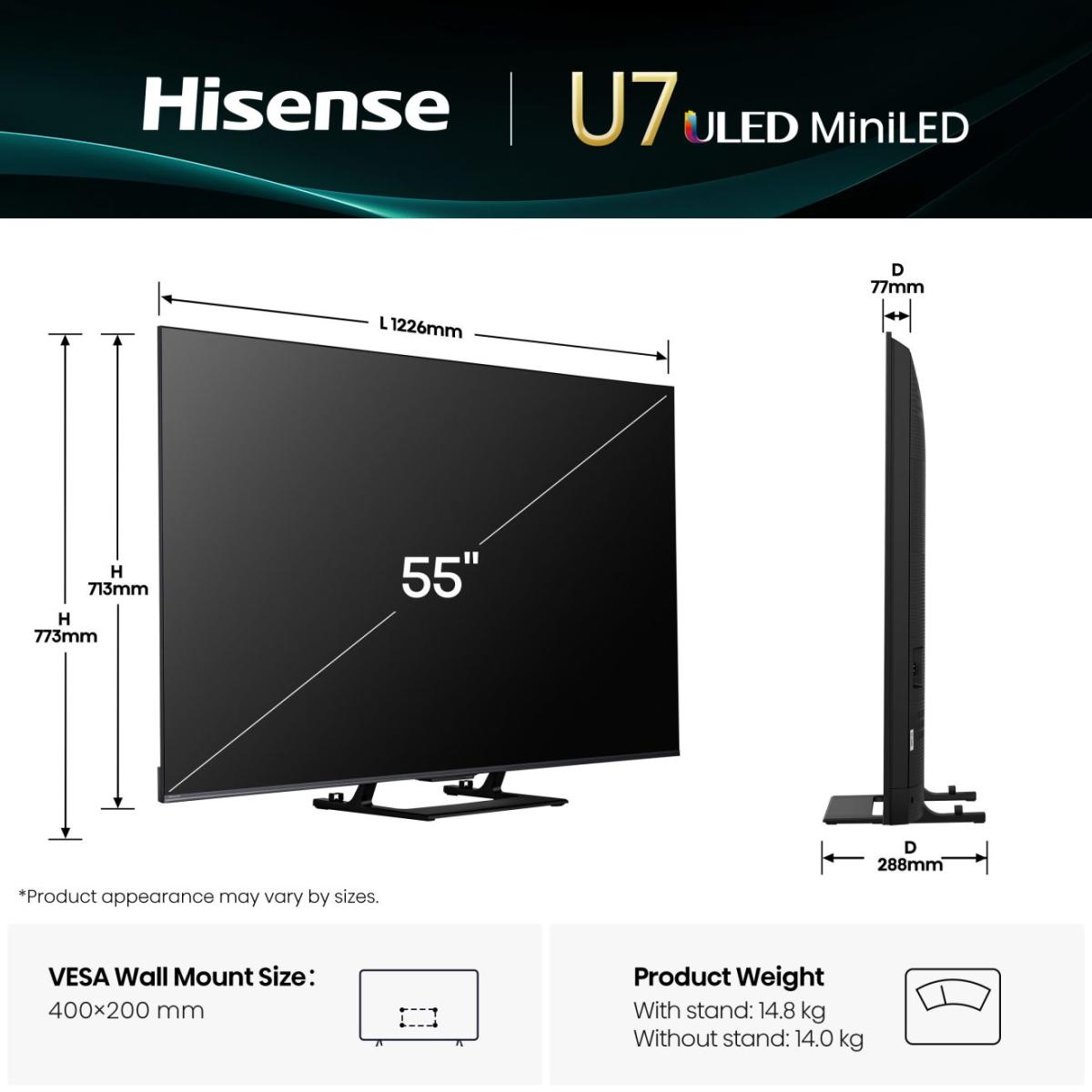nfographic displaying dimensions, VESA mount size, and weight for the Hisense 55-inch TV.