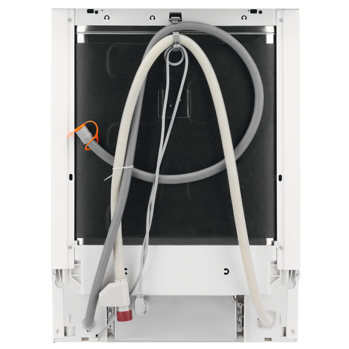 Rückansicht des Geschirrspülers mit Wasseranschlüssen und Ablaufschlauch.