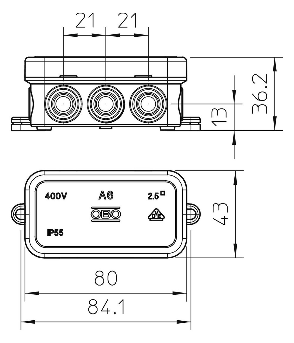 OBO Bettermann cable junction box A 6 HF RW [2000005] - Dimensions