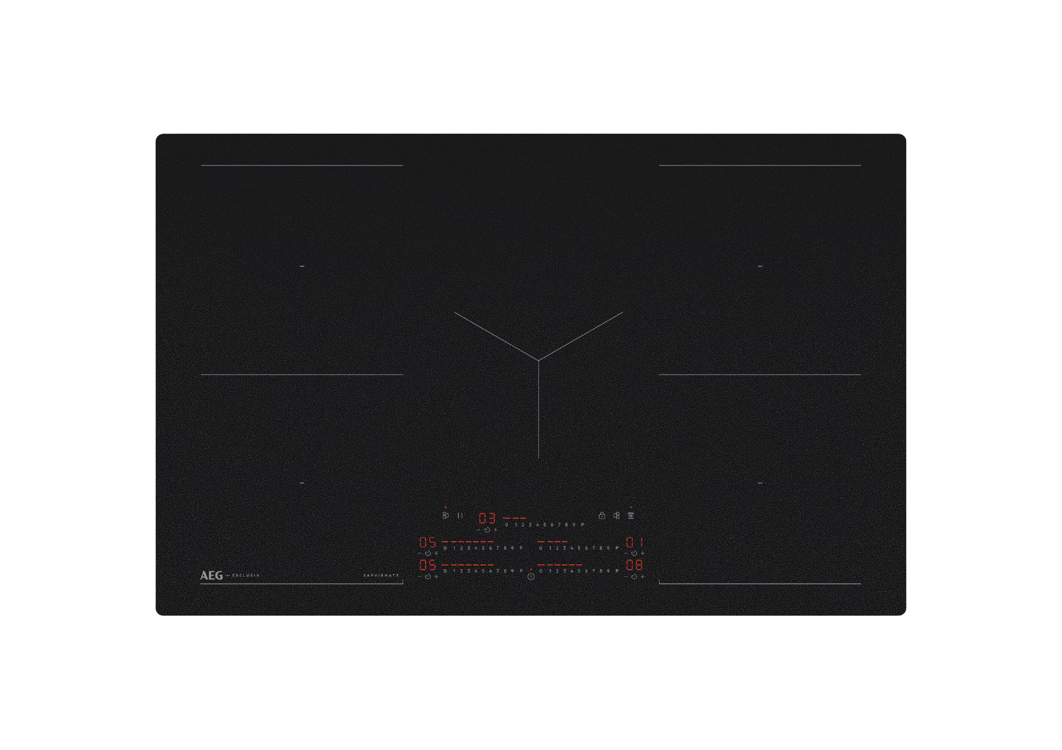 Total top view of a black AEG induction hob with four cooking zones and red touch controls.