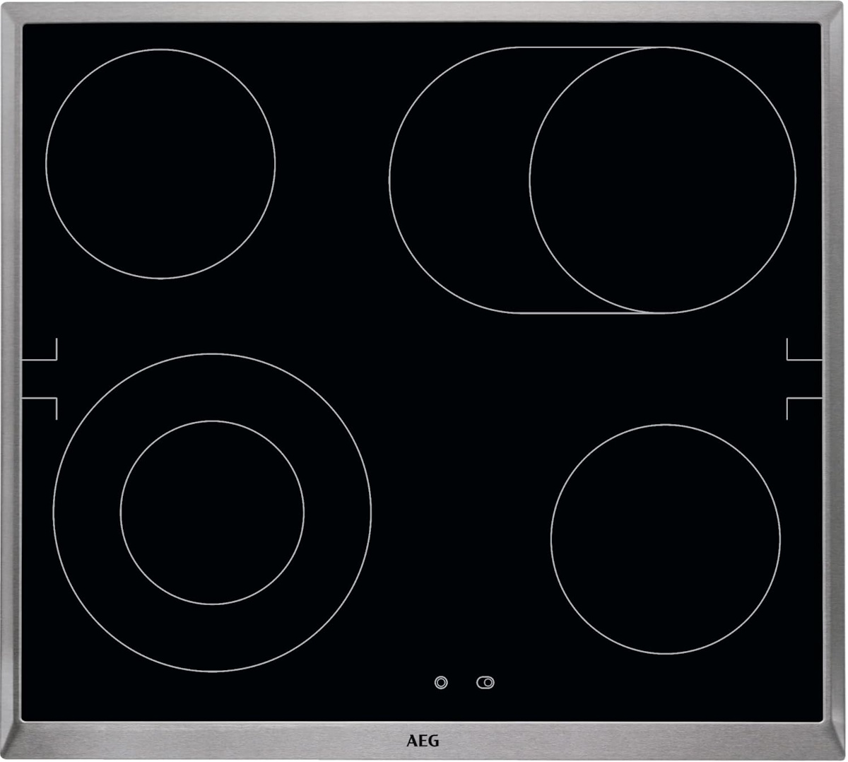 Draufsicht auf das schwarze AEG Glaskeramik-Kochfeld mit vier Kochzonen und Edelstahlrahmen.