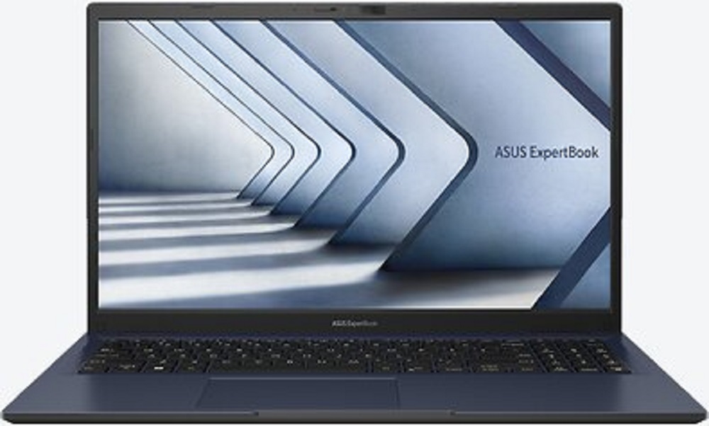 ASUS ExpertBook B1 B1402CBA – Vorderansicht, aufgeklappt. ASUS ExpertBook B1 B1402CBA, Vorderansicht geöffnet mit Display und Tastatur.