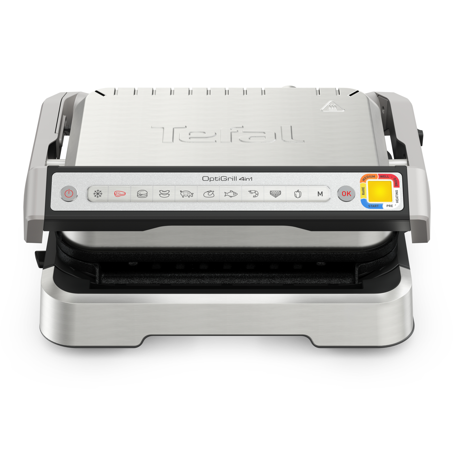 Alt-text: Compact Tefal OptiGrill 4-in-1 with digital control panel and stainless steel finish on white background