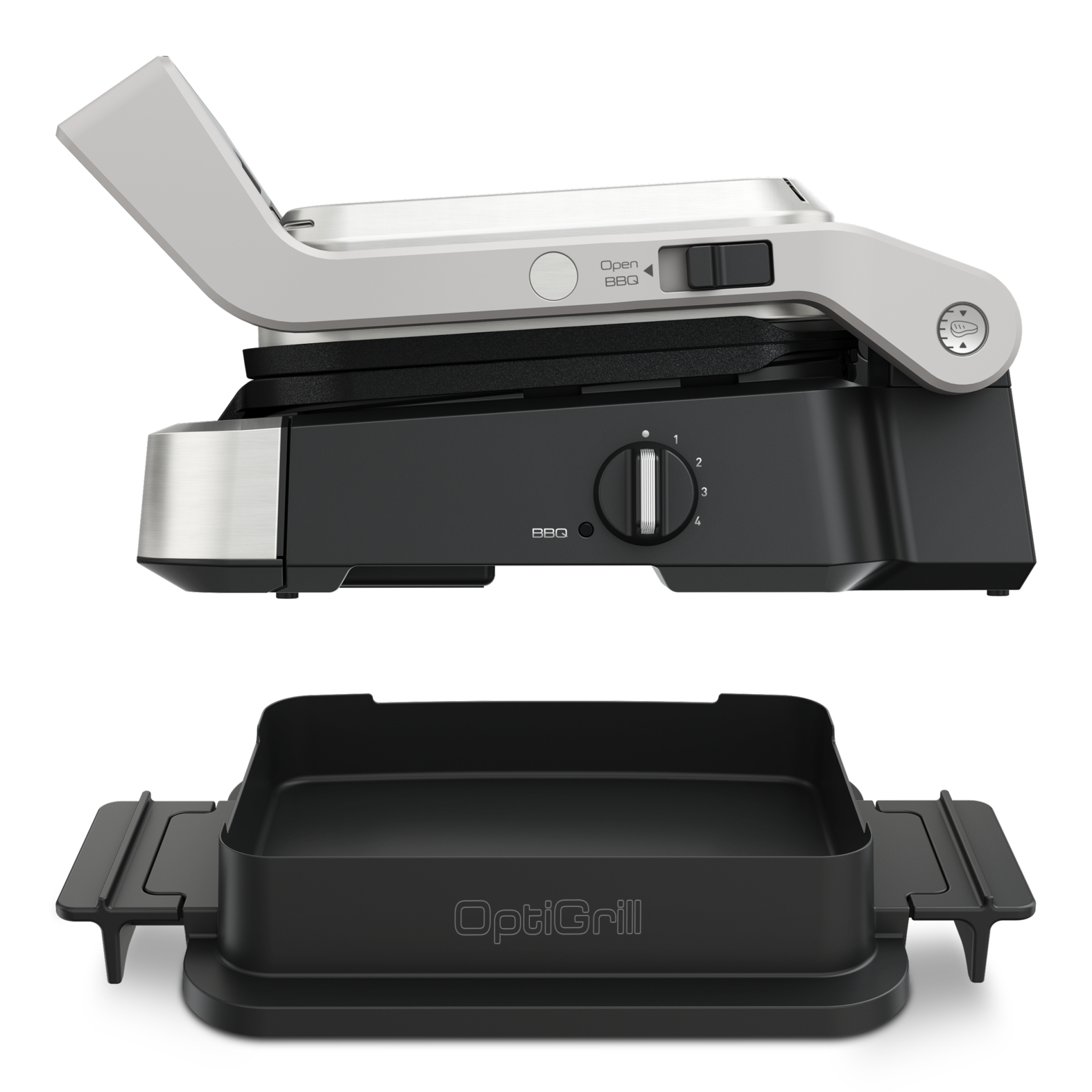 Side profile of the Tefal grill with controls above a separately shown baking tray