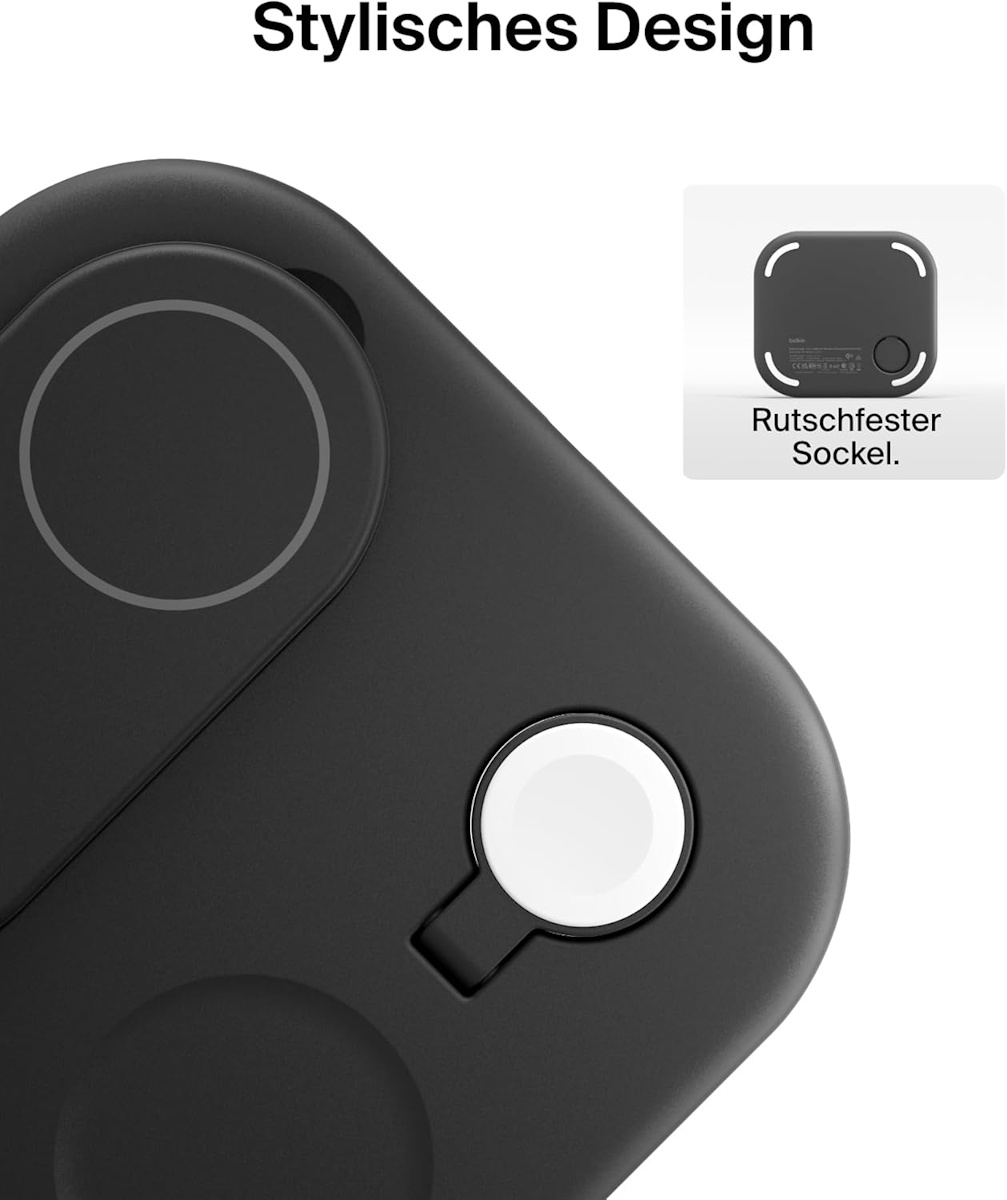 Unterseite der Station mit rutschfesten Gummifüßen und technischen Daten.