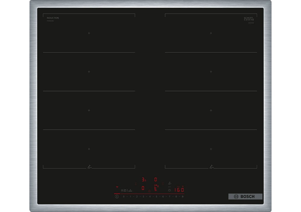 Draufsicht des quadratischen Bosch PXX645HC1E Induktionskochfelds mit umlaufendem Edelstahlrahmen, zwei großen FlexInductions-Zonen und einer rot leuchtenden Touch-Bedienblende am unteren Rand.
