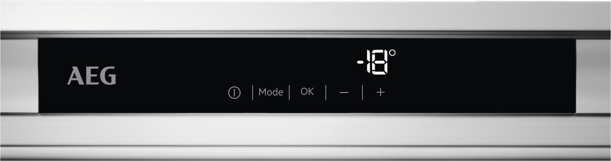 Panoramic view of the black AEG touch control panel featuring a crisp white LED display showing minus 18 degrees.