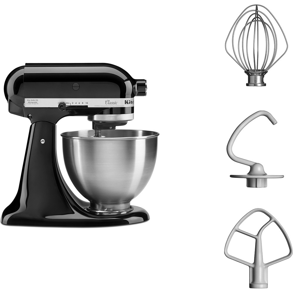 Linke Ansicht der KitchenAid 5K45SSEOB Küchenmaschine mit Lieferumfang.