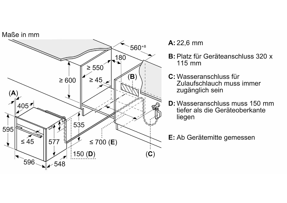 Technische Maßzeichnung für den Unterbau-Einbau eines NEFF Backofens unter einer Arbeitsplatte mit Wasseranschluss.