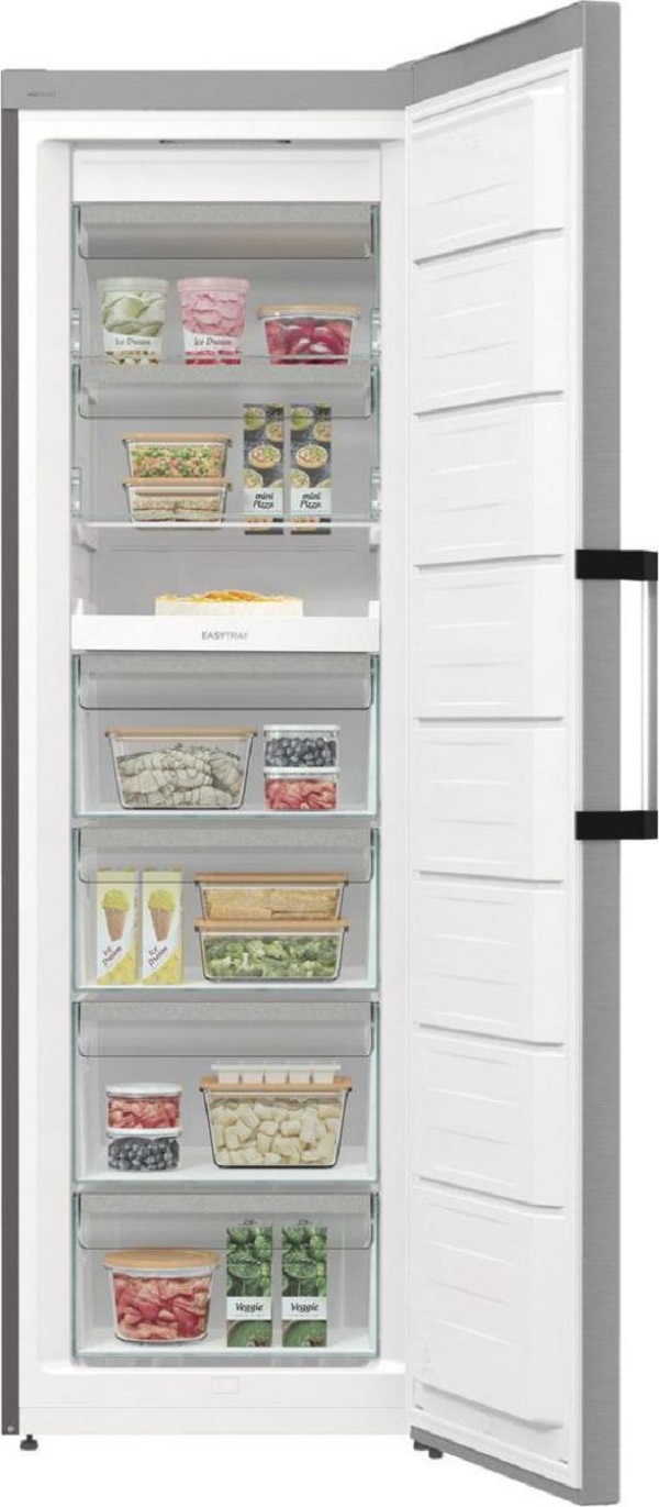 Open Gorenje freezer filled with various foods, ice cream packs, and storage containers to illustrate the capacity