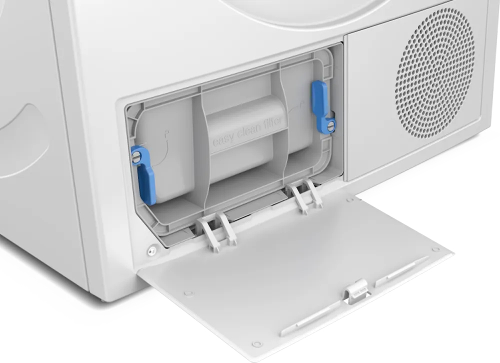 Der entnommene EasyClean Filter und der dahinter liegende Wärmetauscher des Siemens WT43HV03 Trockners