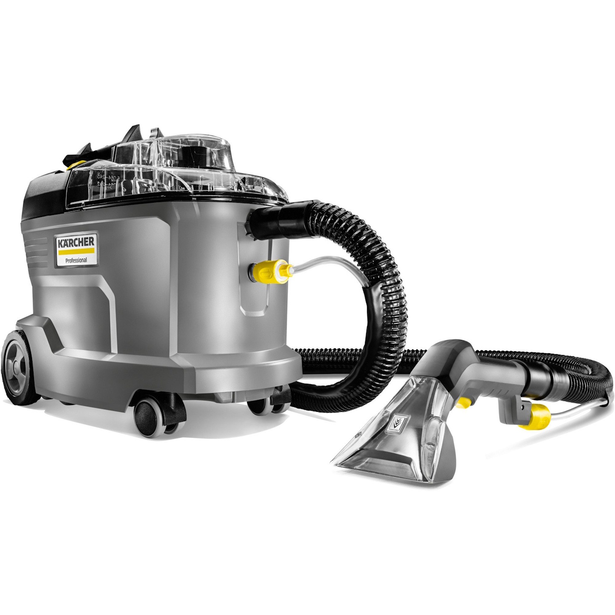 Kärcher Puzzi 8/1 Waschsauger Frontansicht mit montiertem Saugschlauch und Polsterdüse.