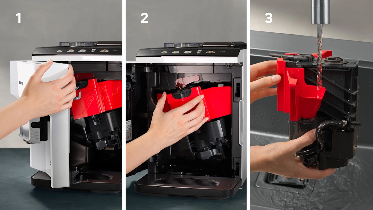 Opened side panel showing the easily removable brewing unit for cleaning