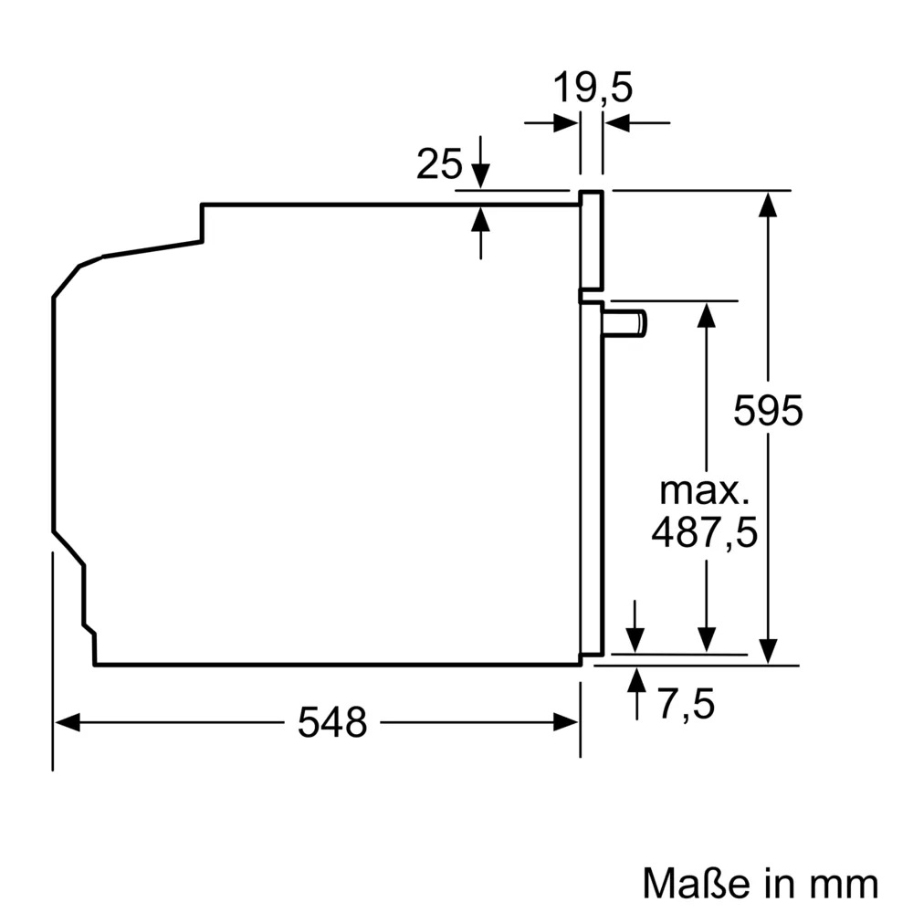 Seitenansicht des Bosch HND679LS62 Standherds mit allen wichtigen Abmessungen, wie Tiefe, Höhe und Einbautiefe (Maße in mm).