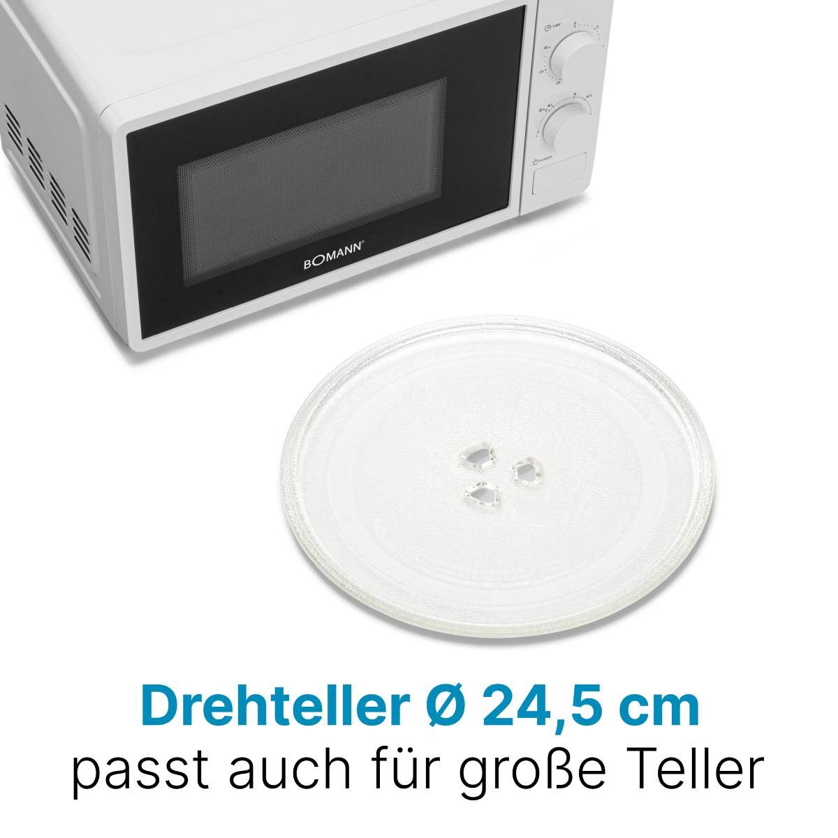 Bomann MW 6014 CB Mikrowelle 20 Liter | 700 Watt Leistung | Mit Glas-Drehteller Ø 24.5cm | 6 Leistungsstufen | Weiß & Silber