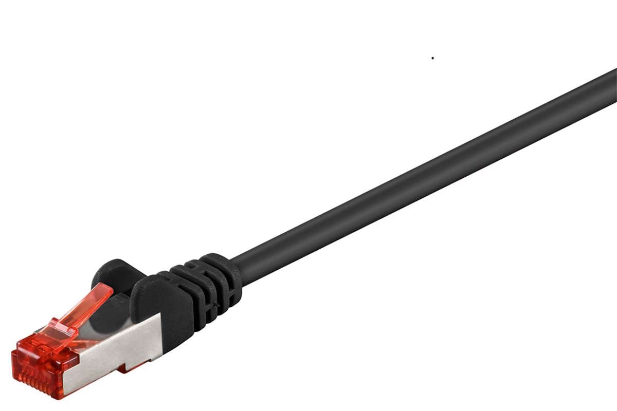 Main view of the Goobay CAT 6 S/FTP PiMF patch cable in black.