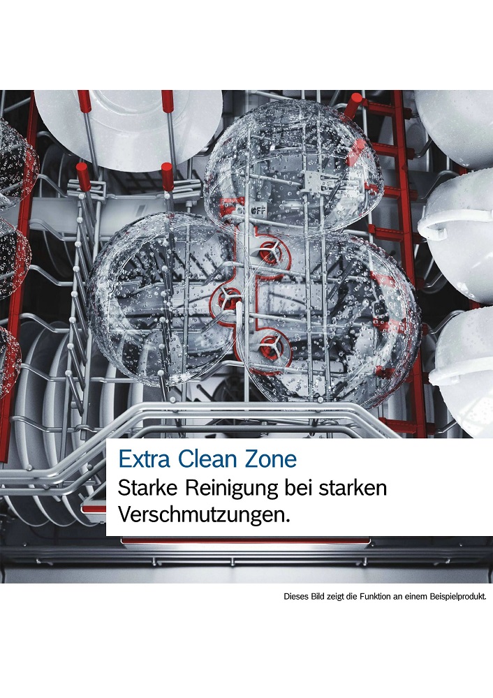 Infografik zur Bosch „Extra Clean Zone“ im Oberkorb, die drei rote, rotierende Düsen zeigt, welche festsitzenden Schmutz intensiv von transparenten Schalen spülen.