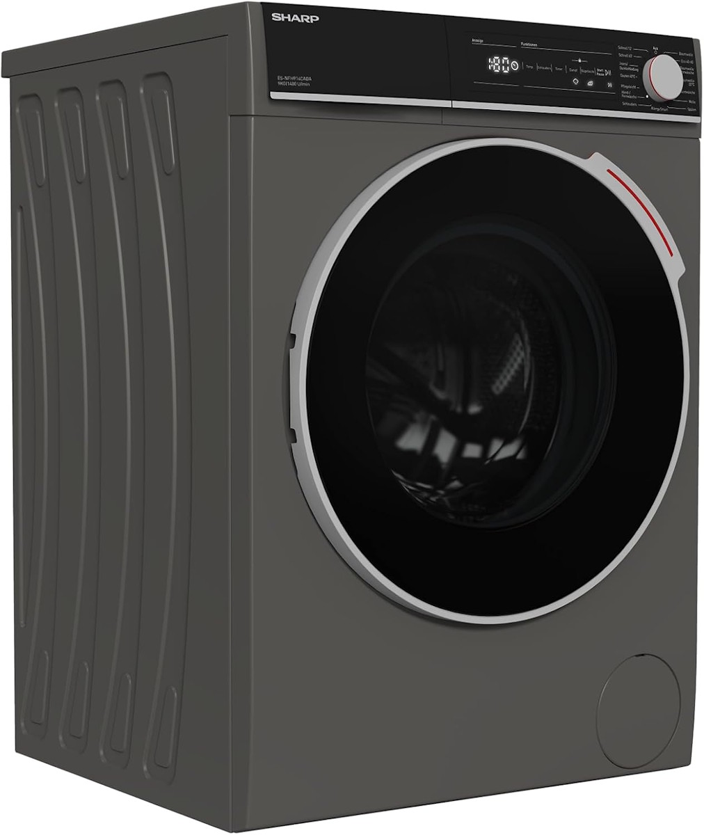 Sharp washing machine ES-NFH914CADA-DE, side angle highlighting the gray design.