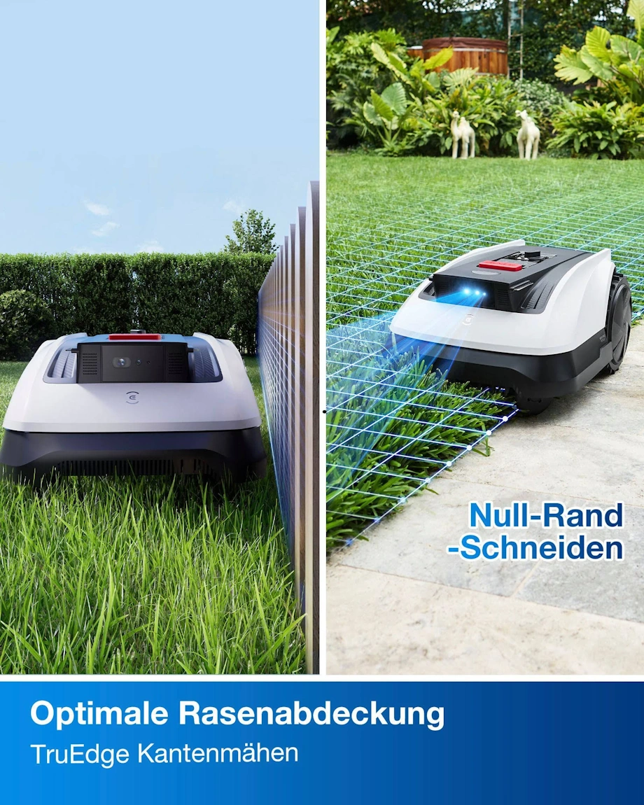 TruEdge-Technologie des Ecovacs GOAT O800 RTK für präzises Kantenmähen mit 22 cm Schnittbreite entlang fester Kanten wie Mauern und Zäunen
