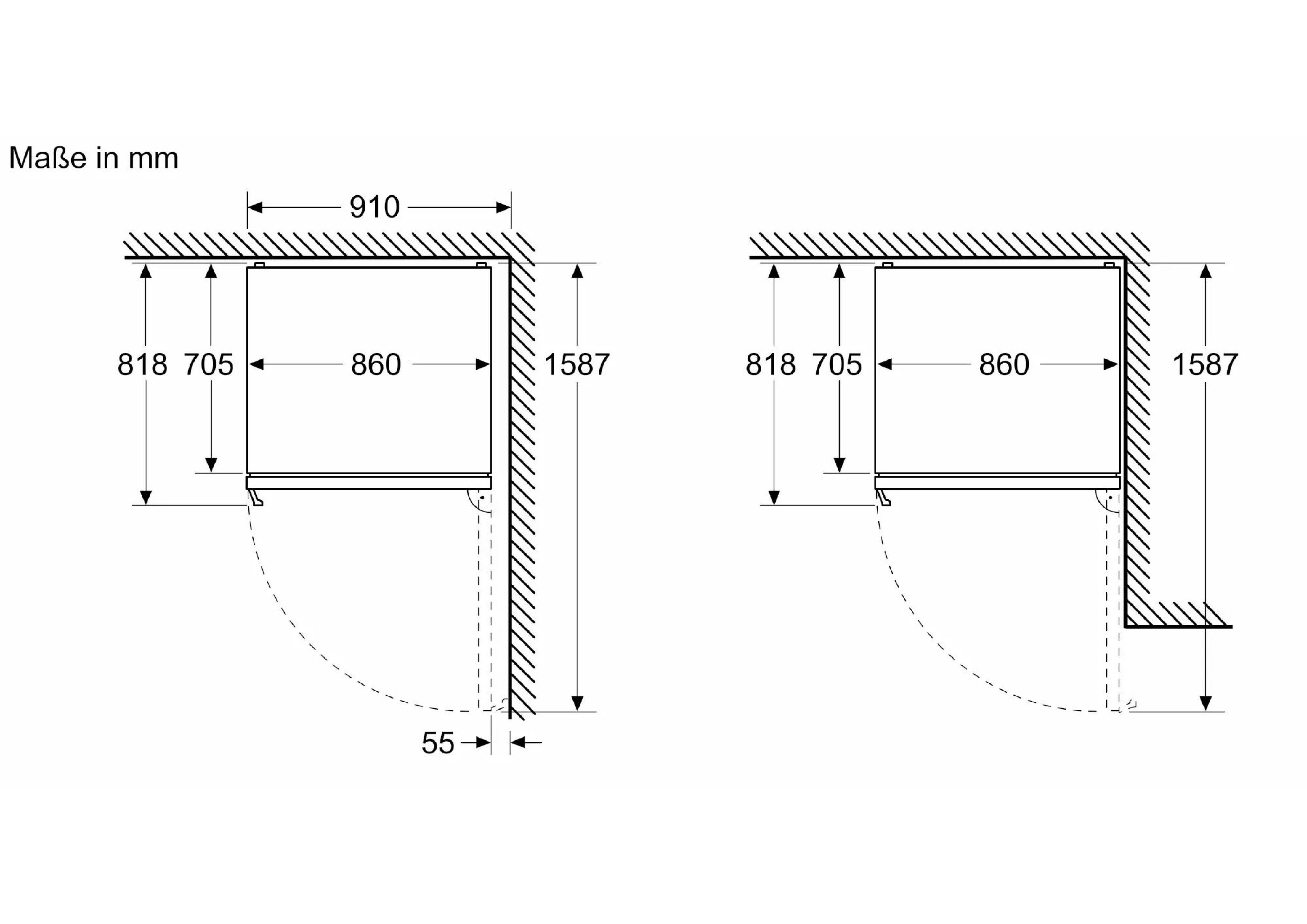 Technische Zeichnung der Draufsicht mit Abmessungen für Türöffnungswinkel und Platzbedarf an Wänden.