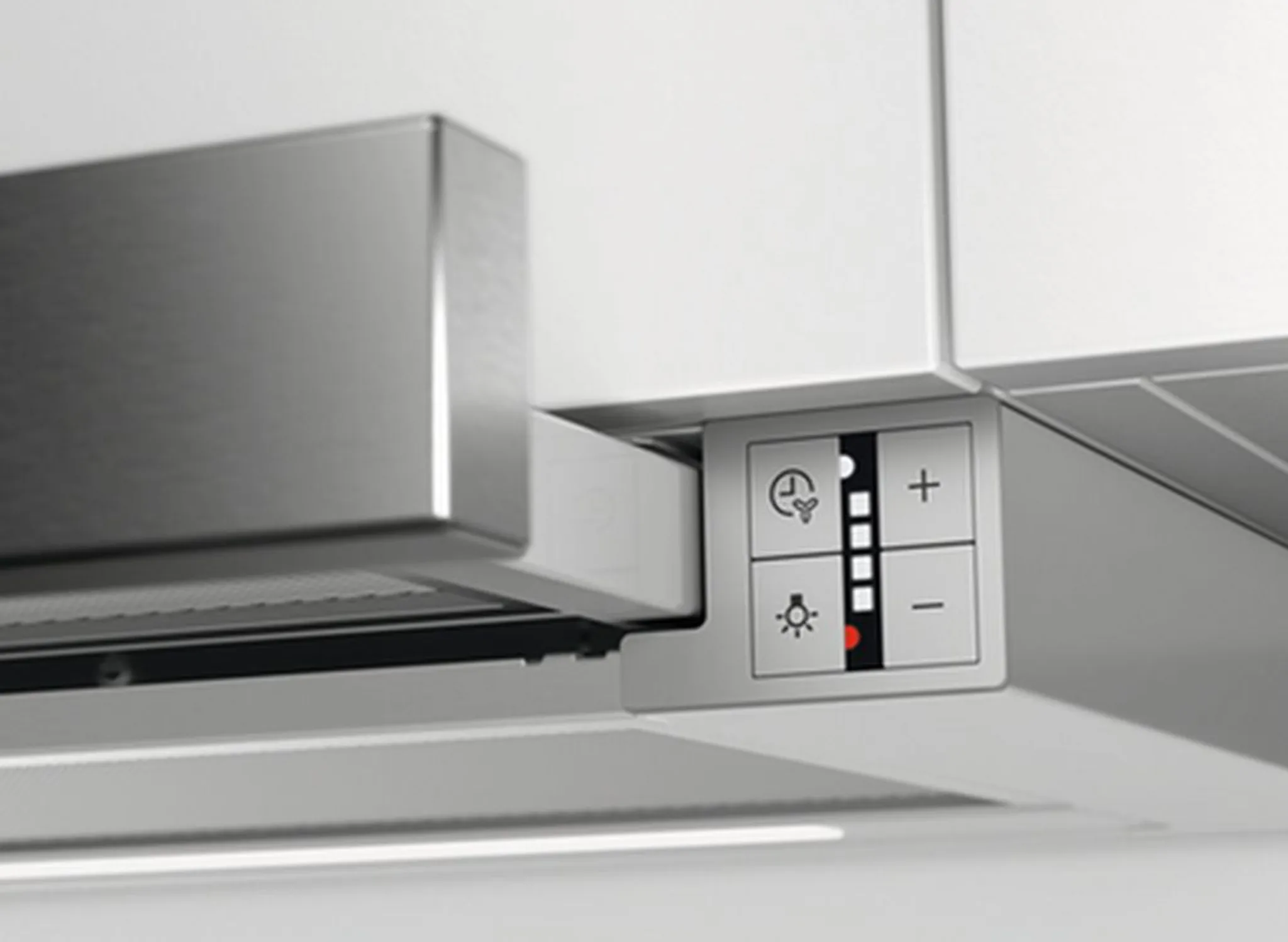 AEG DPE5960M – Drucktastensteuerung und Metall-Fettfilter Elektronische Drucktasten und spülmaschinengeeigneter Metall-Fettfilter der AEG DPE5960M Flachschirmhaube