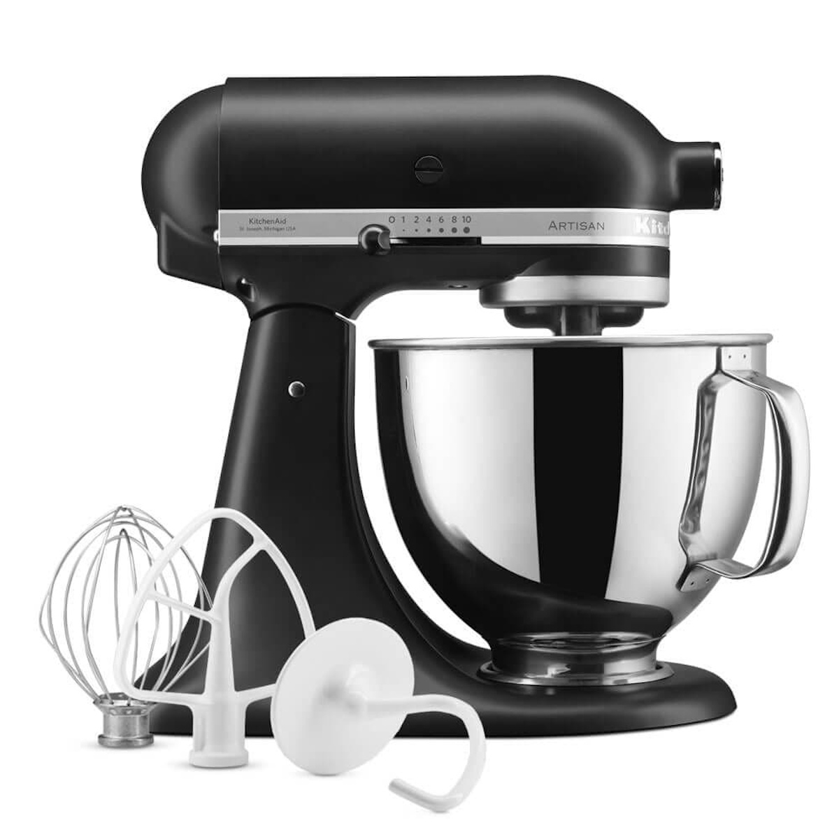 Seitenprofil der KitchenAid Artisan Küchenmaschine mit kippbarem Motorkopf.