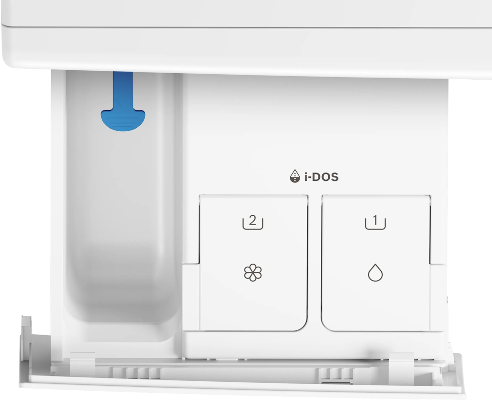 Geöffnete i-DOS Einspülkammer der Bosch WGG244F40 für Flüssigwaschmittel und Weichspüler