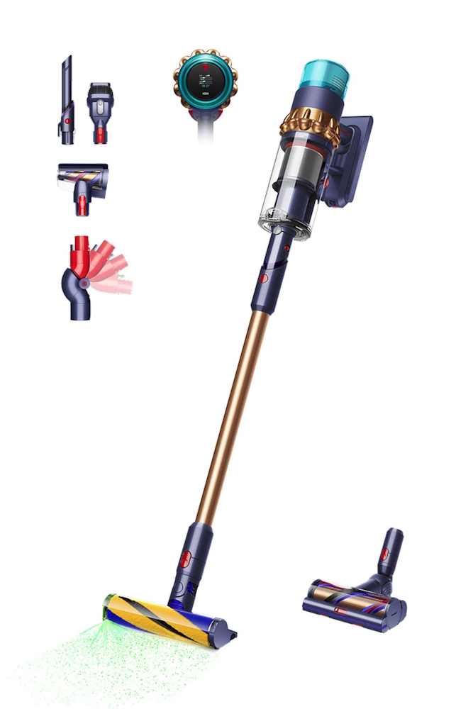 Dyson Gen5 Detect Absolute cordless vacuum in blue/copper with all 6 attachments, including Fluffy Optic and Motorbar heads.