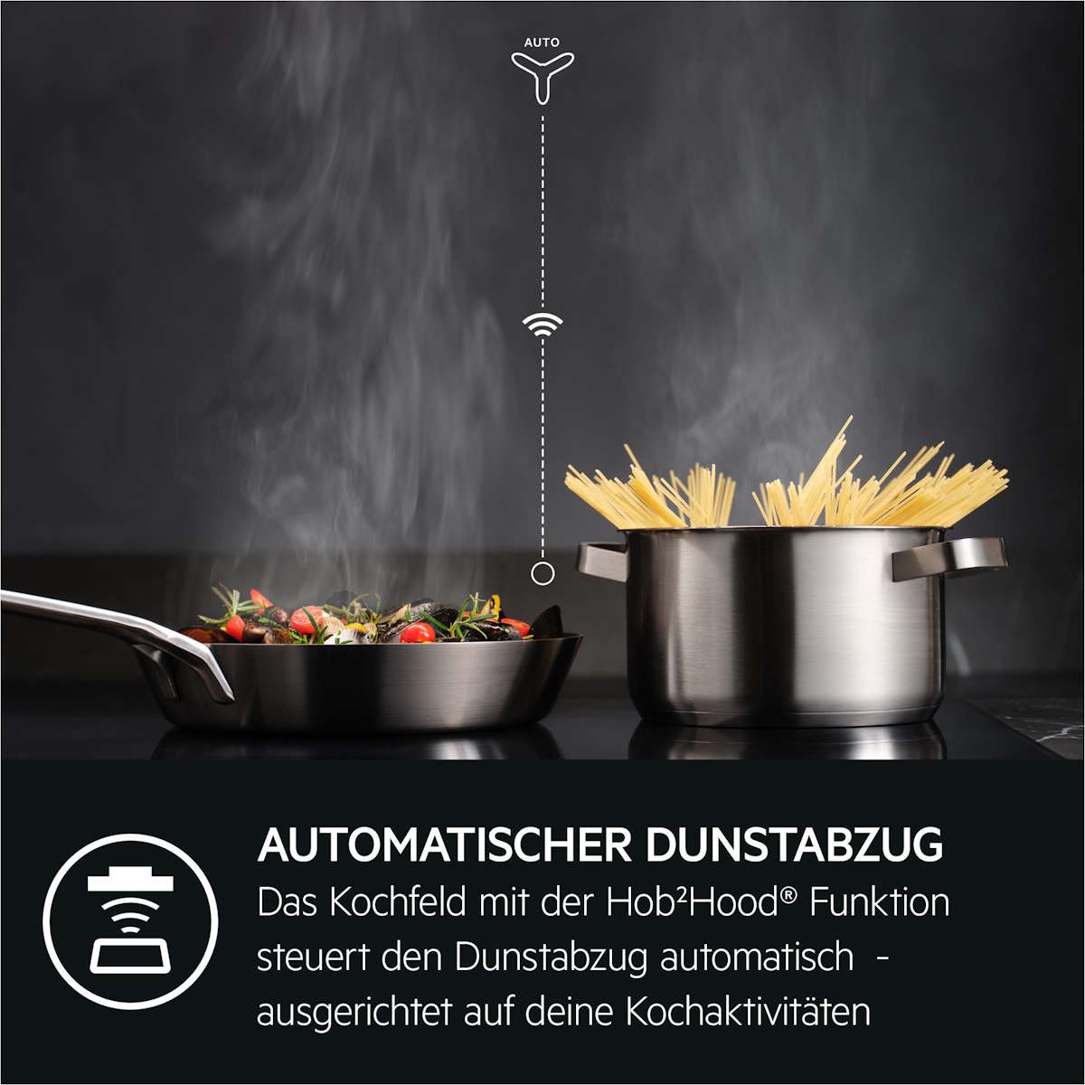 Illustration der Hob2Hood-Funktion: Drahtlose Kommunikation zwischen Induktionskochfeld und Dunstabzugshaube.