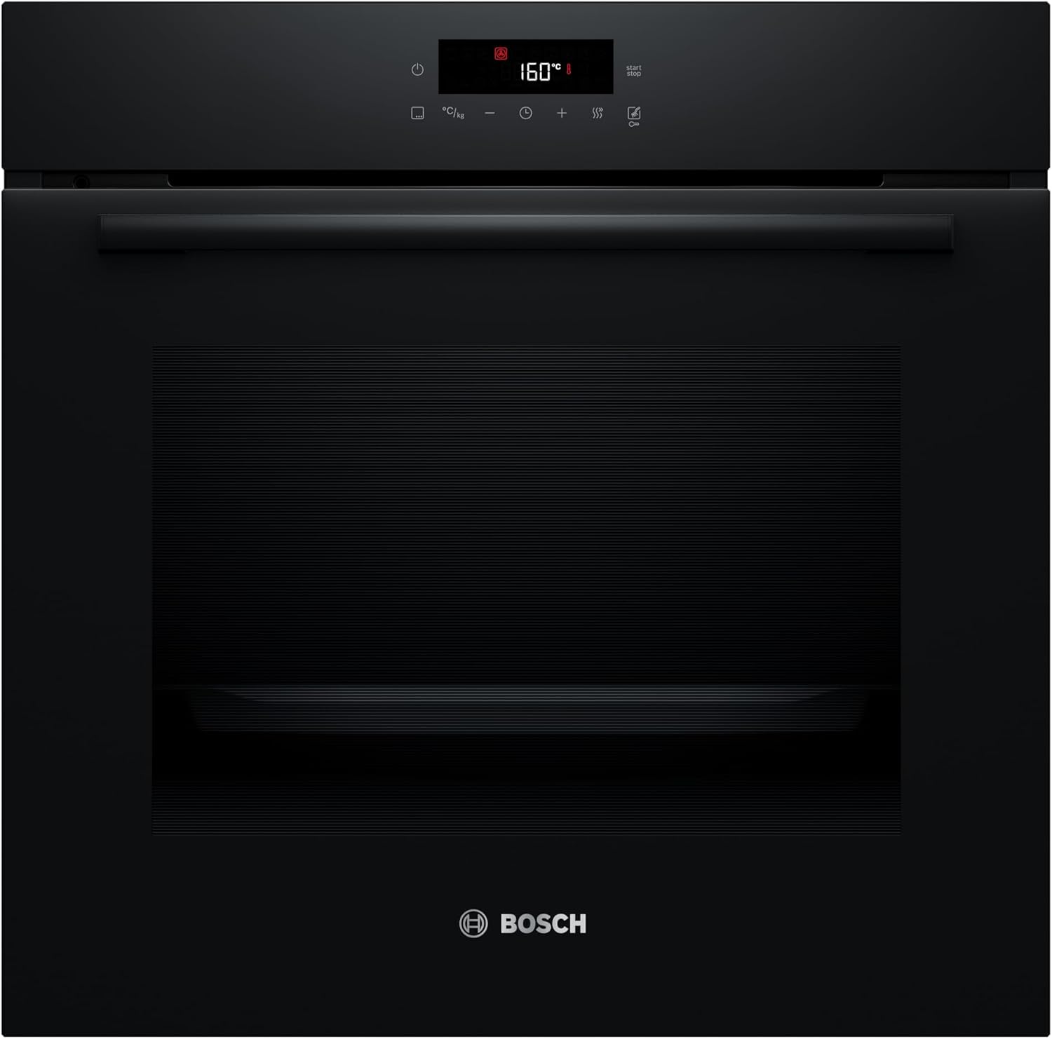 Front view of a black Bosch built-in oven with an active red temperature display of 160 degrees.