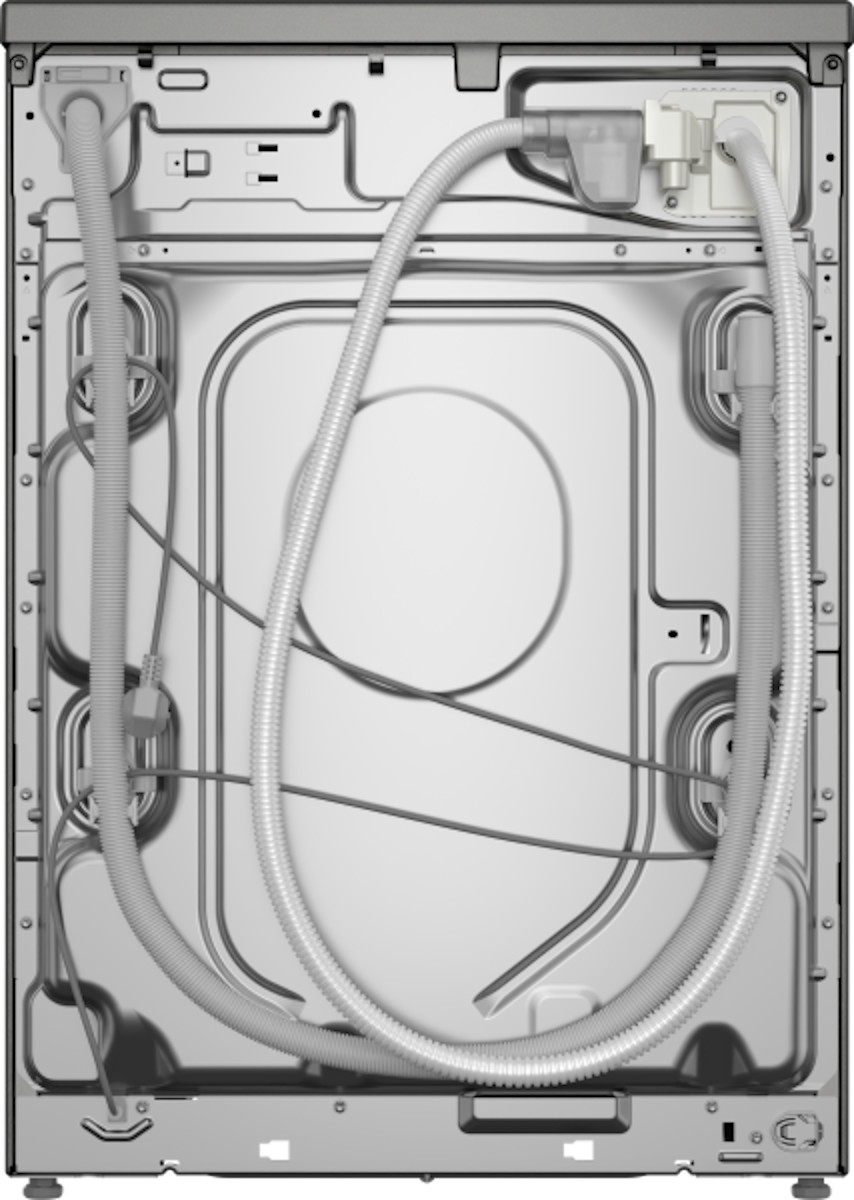 Rückansicht der Bosch Waschmaschine mit vormontiertem AquaStop-Schlauch, Ablaufschlauch und Netzkabel.