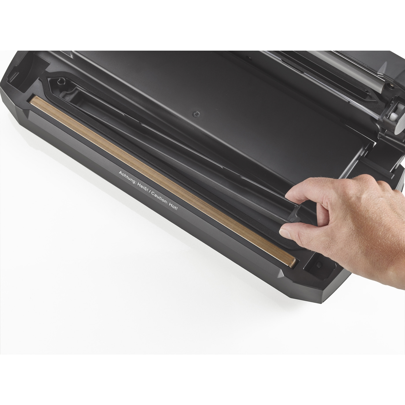 Einhandbedienung des CASO VRH 490. CASO VRH 490 Advanced mit ergonomischem Verschlussgriff für komfortable Einhandbedienung.