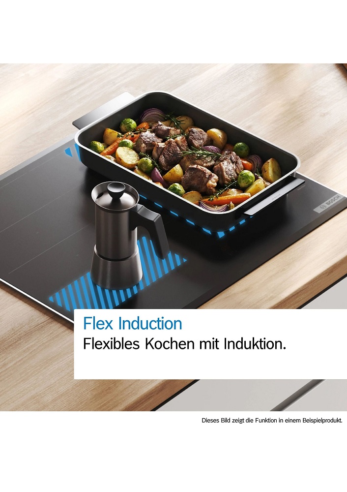 Infografik zur Bosch „Flex Induction“-Funktion auf einer hölzernen Arbeitsplatte; blau markierte Induktionszonen passen sich flexibel an eine große Bräterpfanne und eine kleine Espressokanne an.