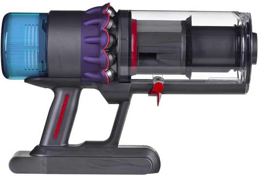 Detail des roten Startknopfs am Dyson Gen5detect für komfortables Saugen ohne Triggertaste.