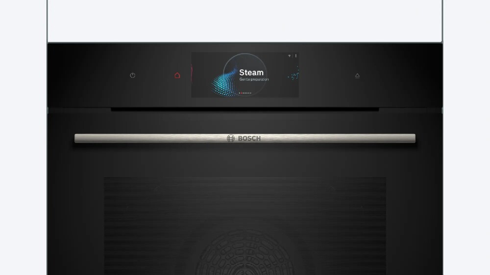 Bosch HSG7584B1 Frontansicht Frontansicht des Bosch Einbau-Dampfbackofens HSG7584B1 mit geschlossener Tür und Bedienelementen.