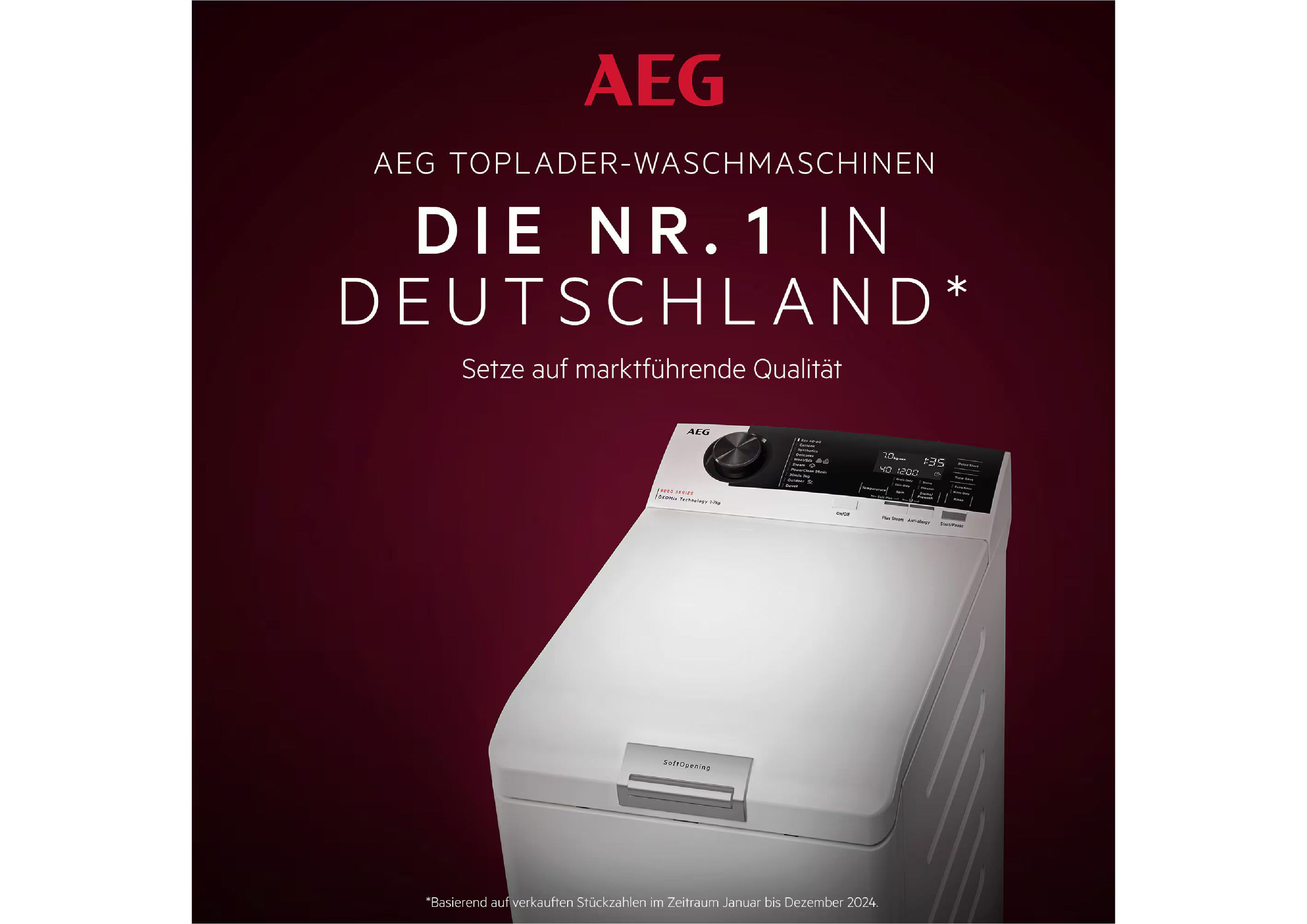 Werbegrafik für AEG Toplader mit dem Slogan "Die Nr. 1 in Deutschland" auf rotem Grund.