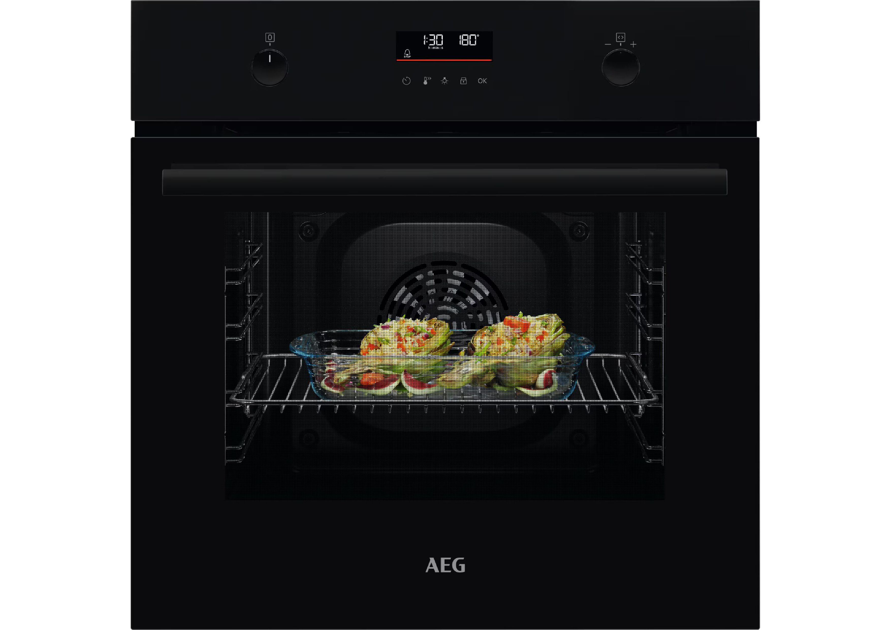 Black AEG built-in oven with stuffed vegetables inside.