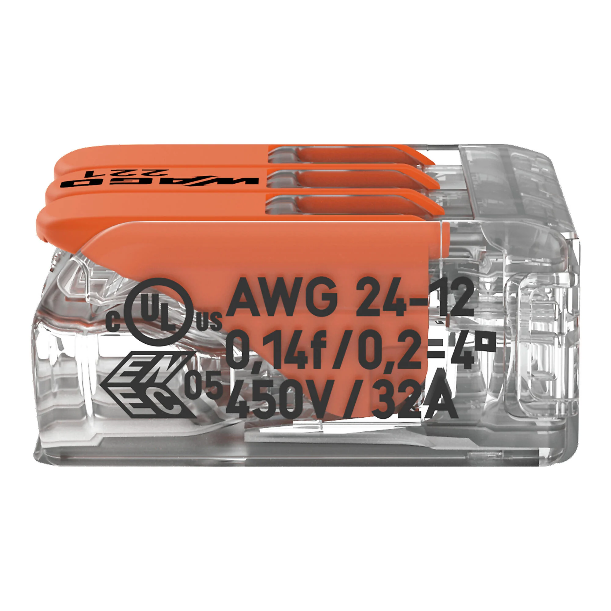 Leiterquerschnitte für WAGO 221-413 WAGO 221-413 Klemme mit Angabe der Leitergrößen (AWG 24-12)