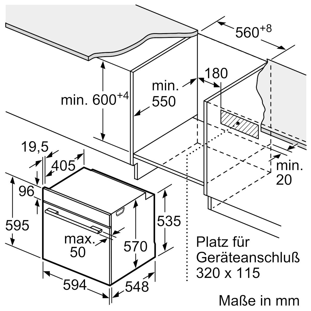 Technical drawing for installation in a high cabinet with ventilation clearances.